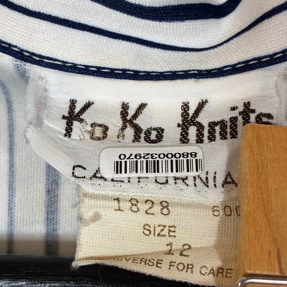 Navy Blue White Striped Shirt Short Sleeve Collared Stretch Vintage 70s 12 - Picture 8 of 8
